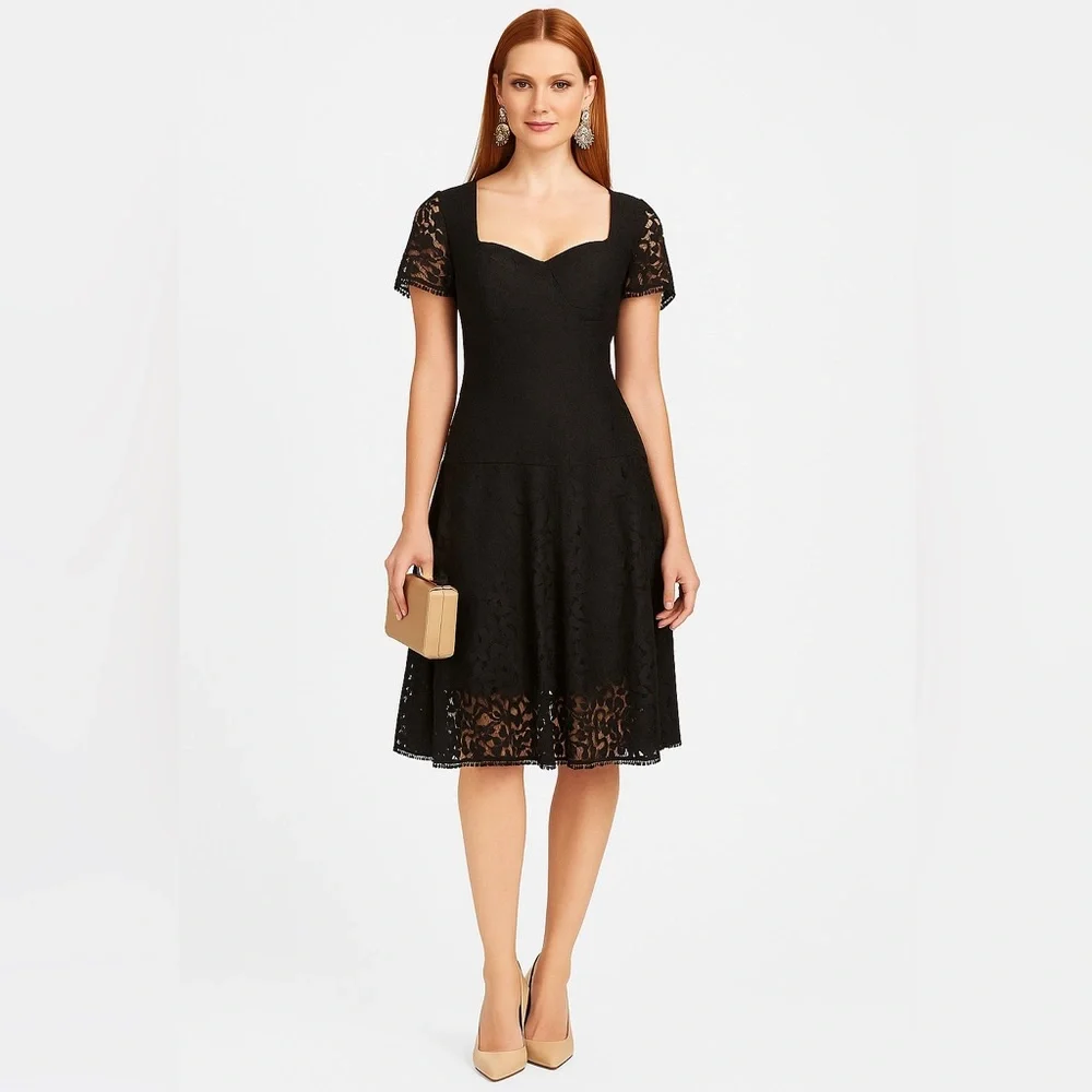 NEW MILLY Black Midi Dress Olivia Sz 10 Lace Overlay Short Sleeve Romantic Chic